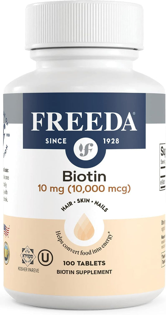 FREEDA Biotin 10,000 mcg – Hair, Skin & Nails Support – Tiny Tablets