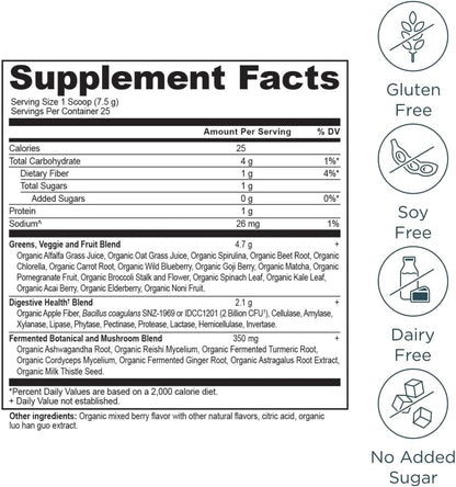 Ancient Nutrition Organic SuperGreens Powder with Probiotics, Berry Flavour - 25 Servings