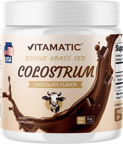 Vitamatic Bovine Colostrum Powder – Gut Health, Hair Growth, Beauty, Muscle Recovery & Immune Support – Chocolate Flavour – 81g (30 Servings)