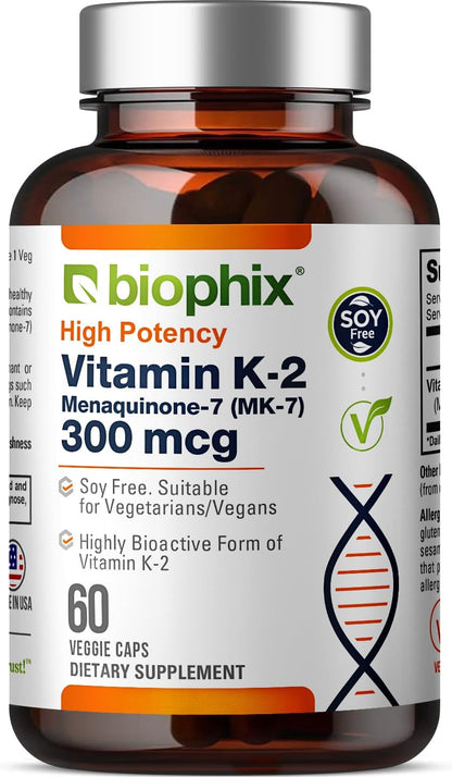 biophix Vitamin K2 MK-7 300mcg, 120 Vegan Capsules – High-Strength Supplement for Bone Strength and Immune Health