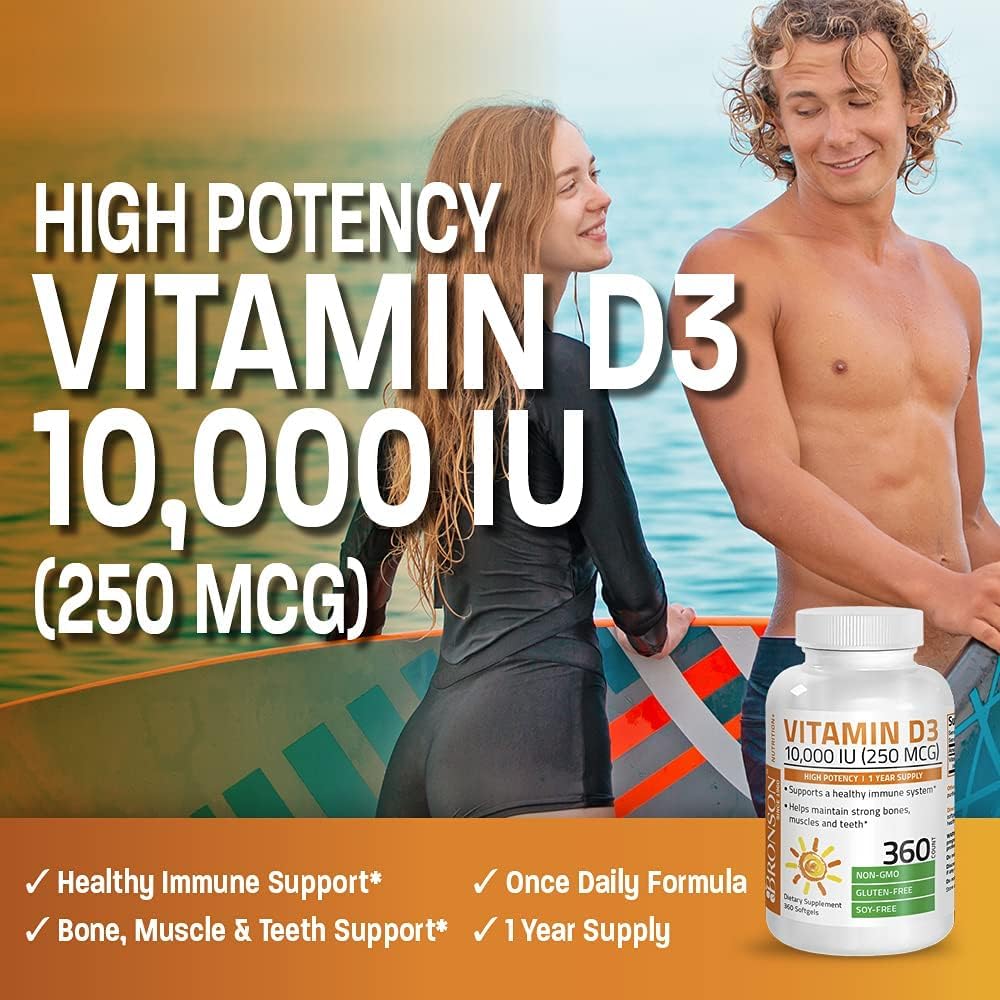 Bronson Vitamin D3 10,000 IU (250 mcg) High Potency - Supports Normal Immune System, Strong Bones, Muscles & Teeth - Non GMO, 180 Softgels - görsel 4