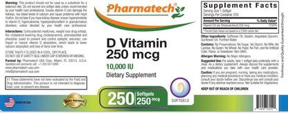 PHARMATECH Vitamin D3 10000 IU (250 mcg) High Potency Food Supplement, 250 Softgels