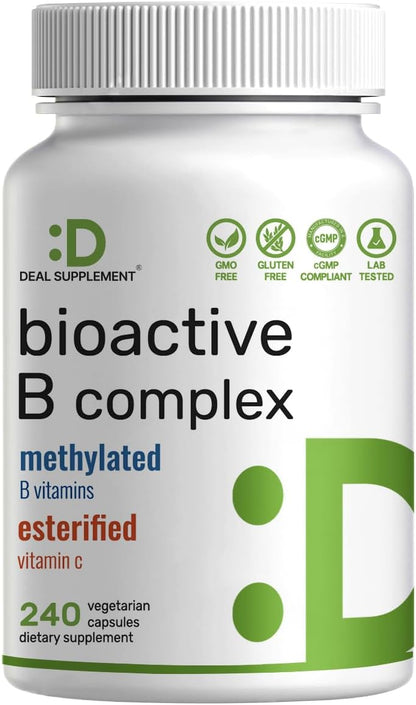 Bioactive Vitamin B Complex with Methylated B Vitamins & Vitamin C - 240 Vegetable Capsules