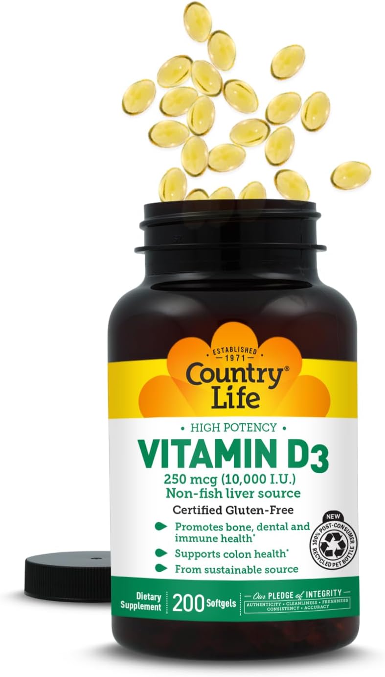 Country Life Vitamin D3 10,000 IU – High Potency Non-Fish Source – Bone and Immune Support – Certified Gluten-Free – 200 Softgels - görsel 9