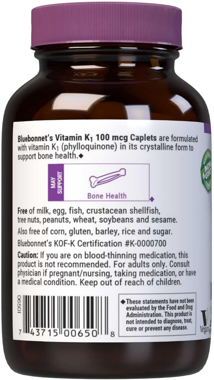 Bluebonnet Vitamin K1 100 mcg – Phylloquinone Supplement for Bone Health – Vegan, Non-GMO, Gluten-Free – 100 Caplets - görsel 3