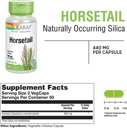 Solaray Horsetail 880 mg - Natural Silica Supplement for Hair, Skin and Nails - 100 Vegan Capsules