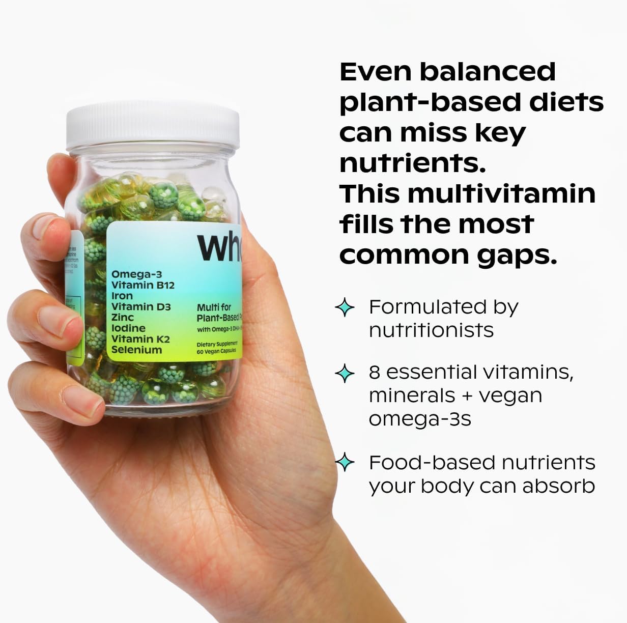 wholier Multi for Plant Based People – Vegan Multivitamin with Omega-3 DHA & EPA, B12, D3, Iron, Zinc – 60 Capsules - görsel 2