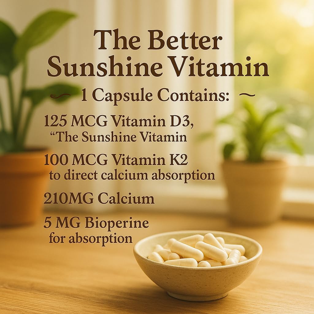 Me First Living Vitamin D3 K2 Food Supplement for Bone & Heart Health, 125 mcg D3 & 100 mcg K2 MK-7, Non-GMO, Easy-to-Swallow Capsules with Calcium - görsel 2