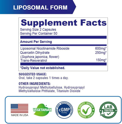 LOVITA Liposomal NR (Nicotinamide Riboside) 1000 mg with Quercetin & Trans-Resveratrol, Supports Cellular Health and Healthy Ageing, 100 Vegan Enteric-Coated Capsules