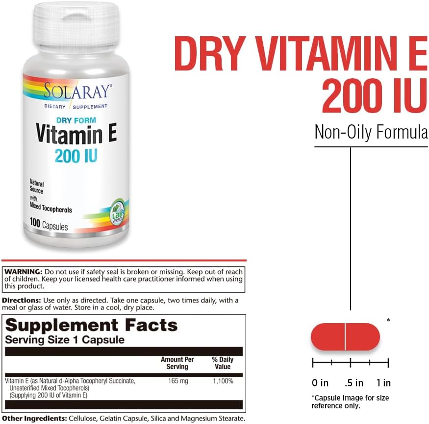 SOLARAY Vitamin E Dry 200 IU with Mixed Tocopherols – Supports Heart & Skin Health – 100 Capsules - görsel 3