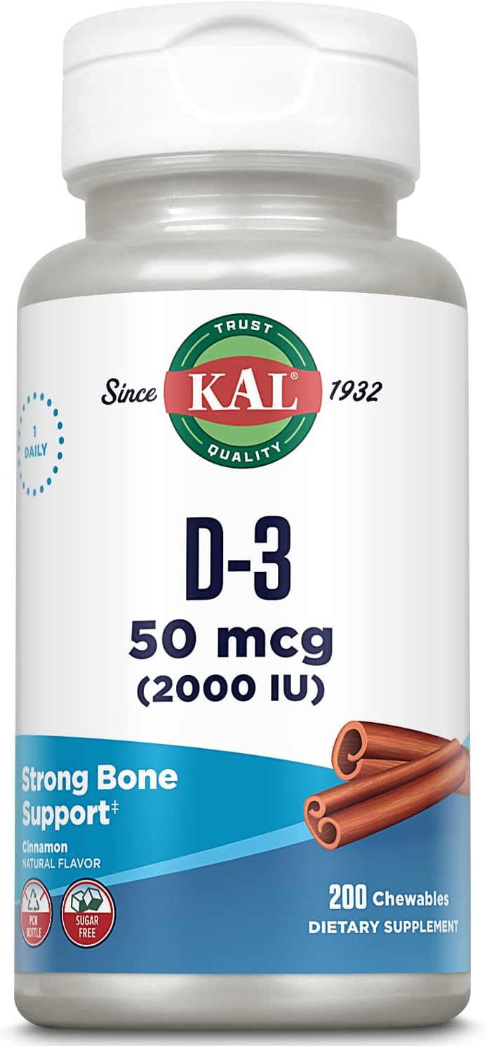 KAL Vitamin D3 Chewables - 2000 IU (50 mcg) - Sugar Free Natural Cinnamon Flavour - 200 Chewable Tablets - görsel 1