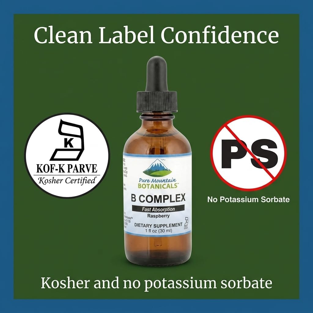 Pure Mountain Botanicals Liquid Vitamin B Complex - B12 B6 Drops - Raspberry Flavour - Kosher Non-GMO - 30 Servings - görsel 6