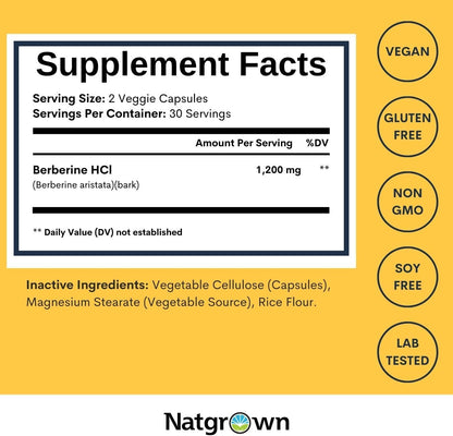 Natgrown Berberine Supplement - Berberine HCl 1200 mg per serving - 60 Capsules
