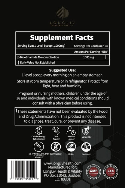 Advanced NMN Nicotinamide Mononucleotide Powder – Physician Formulated – 30g – LongLiv Health and Vitality