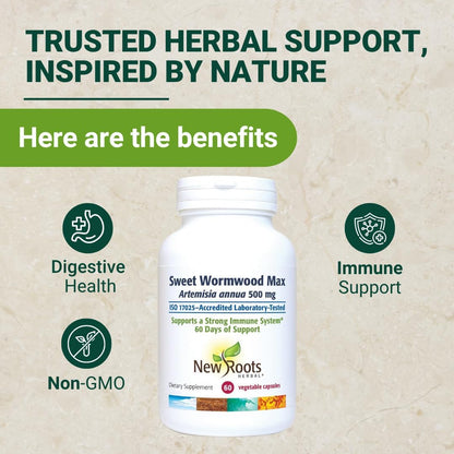 NEW ROOTS HERBAL Sweet Wormwood Extract Supplement (500 mg) Capsules with Vitamin C | Gut Cleanse and Detox Supplement with Wormwood, Digestive & Immune Support (60 Veg Capsules)