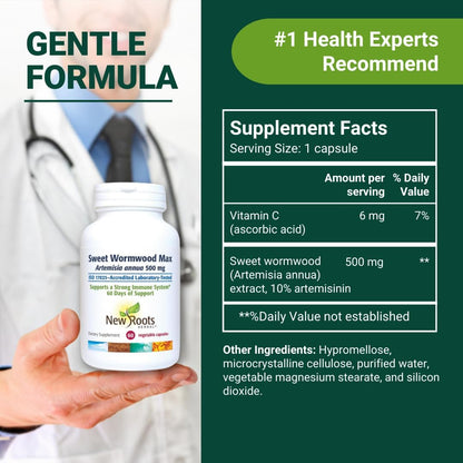 NEW ROOTS HERBAL Sweet Wormwood Extract Supplement (500 mg) Capsules with Vitamin C | Gut Cleanse and Detox Supplement with Wormwood, Digestive & Immune Support (60 Veg Capsules)