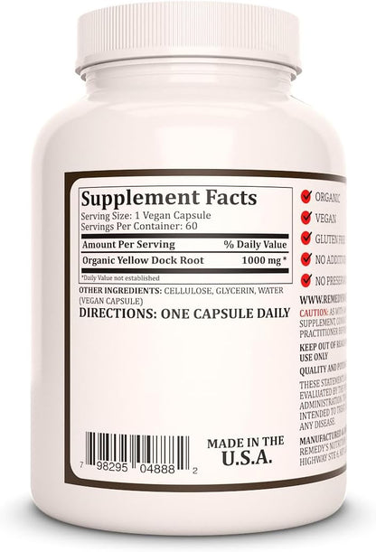 Remedy's Nutrition Yellow Dock Root - 1,000 mg, 60 Vegan Capsules