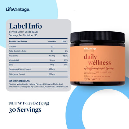 LifeVantage Daily Wellness Immune Support Drink Mix, Elderflower & Acai, 30 Servings