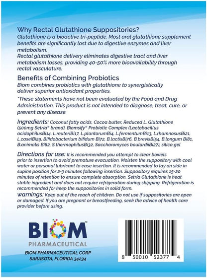 High Potency 500mg Reduced L-Glutathione (Setria Brand) + Probiotic Suppository - Bio-available Glutathione with Probiotics