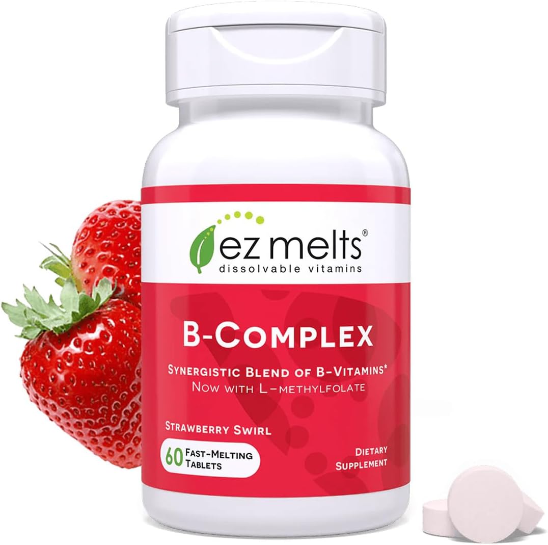 EZ Melts Dissolvable B-Complex - Vitamin B Complex with Methylated B12 & Folate - Strawberry Swirl - 60 Tablets - görsel 1