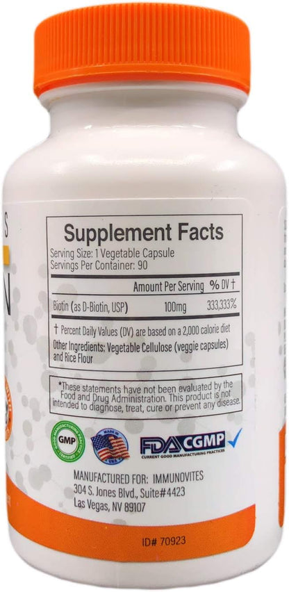 IMMUNOVITES High-dose Biotin 100mg (100,000mcg) - 3-Pack, 90 Capsules Each