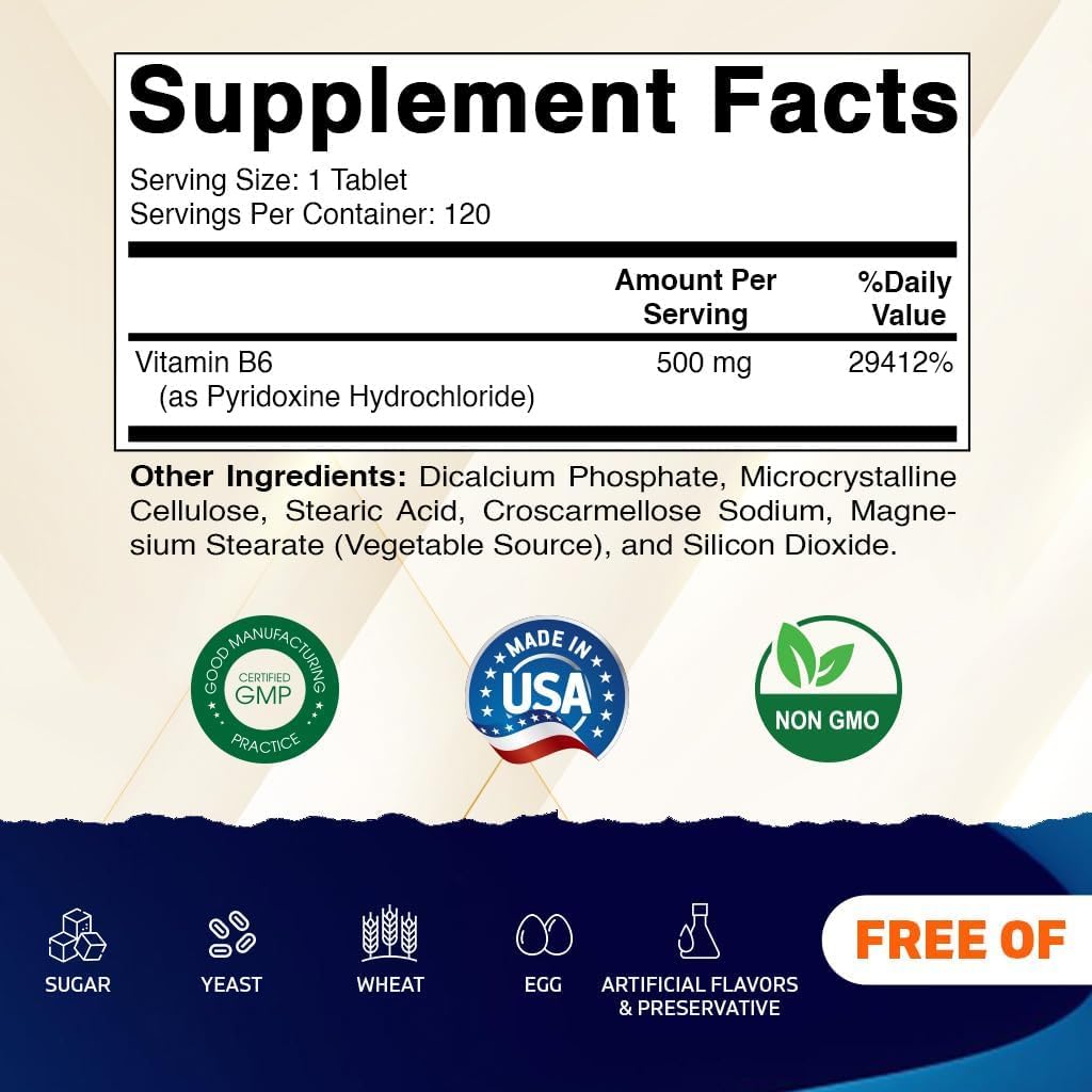 Vitamatic Vitamin B6 (Pyridoxine HCl) 500 mg – 120 Vegetarian Tablets - görsel 2