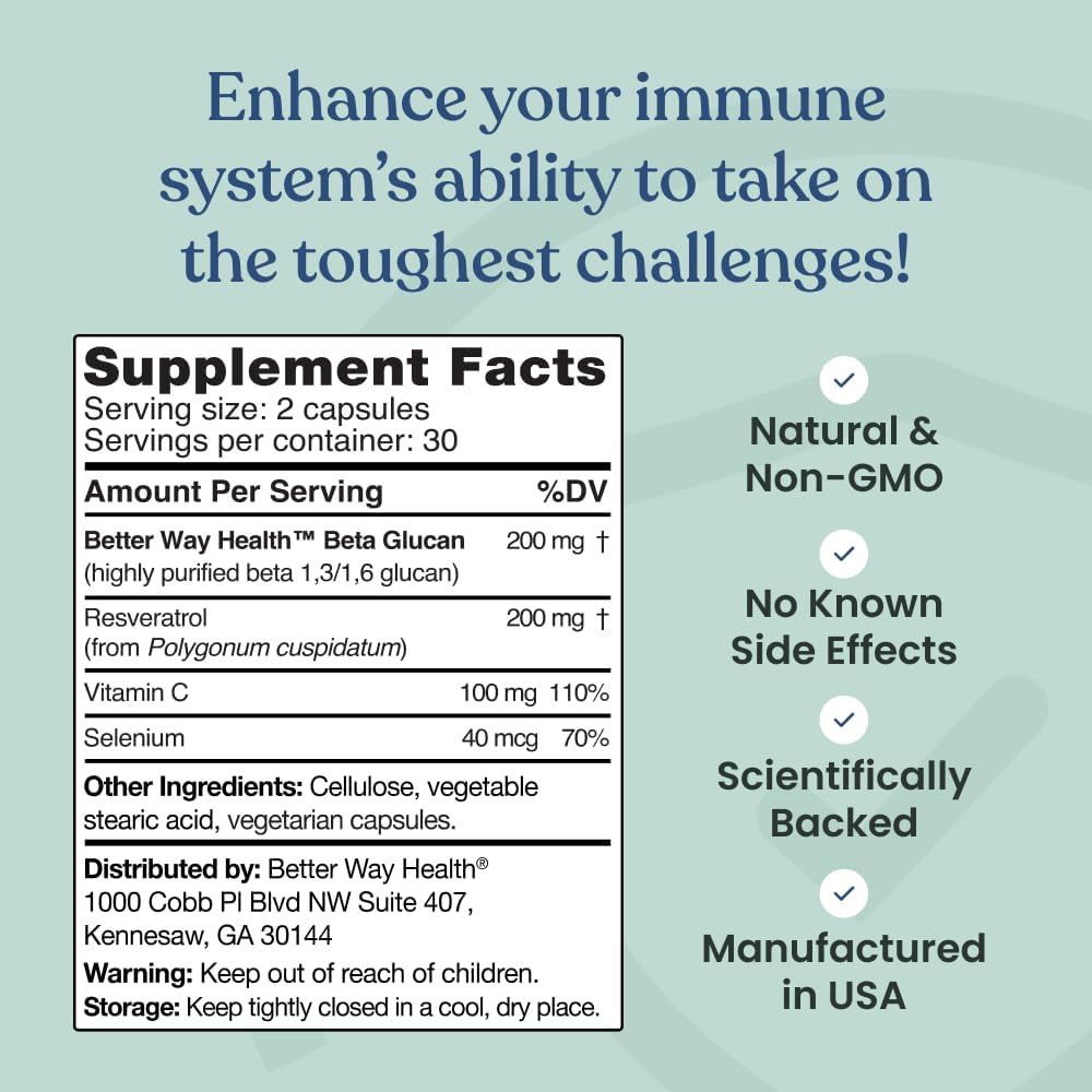 Better Way Health Advanced Immune Readiness – 1,3/1,6 Beta Glucan with Vitamin C, Selenium & Resveratrol – Immune Support Supplement for NK Cells & Phagocytosis – 60 Capsules - görsel 7
