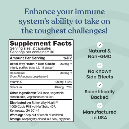 Better Way Health Advanced Immune Readiness – 1,3/1,6 Beta Glucan with Vitamin C, Selenium & Resveratrol – Immune Support Supplement for NK Cells & Phagocytosis – 60 Capsules