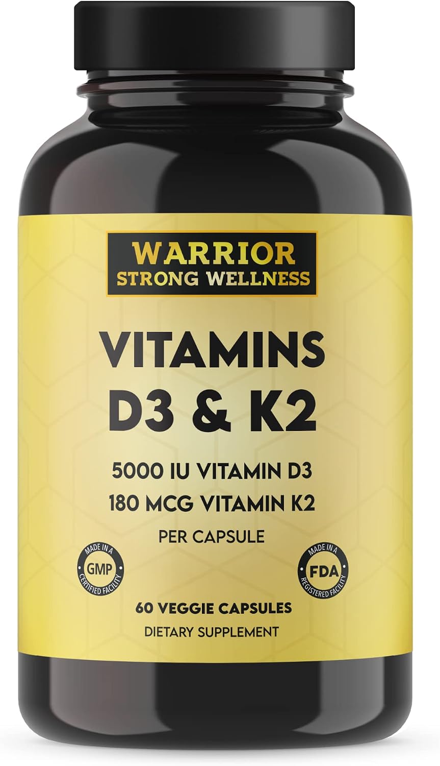 Warrior Strong Wellness Vitamin D3 with K2 - 5000 IU D3 & 180 mcg K2 (MK-7) - Bone Health & Immune Support - 60 Vegetable Capsules - görsel 1