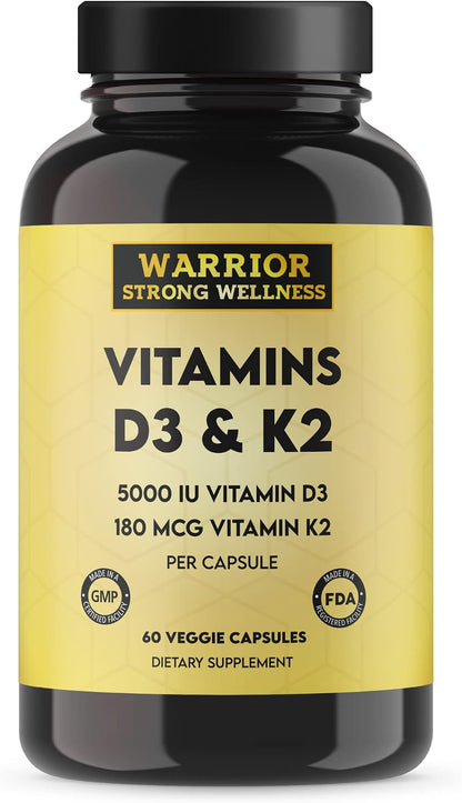 Warrior Strong Wellness Vitamin D3 with K2 - 5000 IU D3 & 180 mcg K2 (MK-7) - Bone Health & Immune Support - 60 Vegetable Capsules
