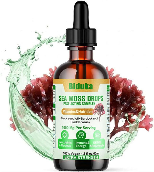 Biduka Irish Sea Moss Drops with Black Seed Oil, Bladderwrack, Burdock Root, Bromelain, Vitamin C and Zinc - Multimineral Liquid Supplement for Immune, Joint, Digestion, and Ageing Support