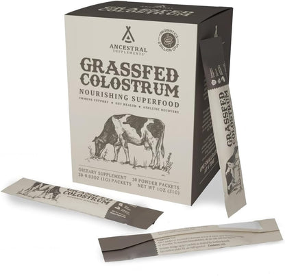 Ancestral Supplements Grass Fed Beef Bovine Colostrum Powder Packets, Immune & Gut Support, 30 Sticks, Unflavoured
