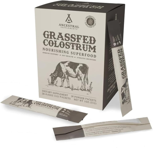 Ancestral Supplements Grass Fed Beef Bovine Colostrum Powder Packets, Immune & Gut Support, 30 Sticks, Unflavoured