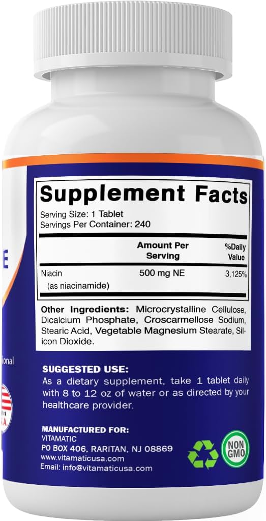 Vitamatic Niacinamide 500 mg 240 Tablets - Flush Free Vitamin B3 - Supports Energy Metabolism - görsel 8