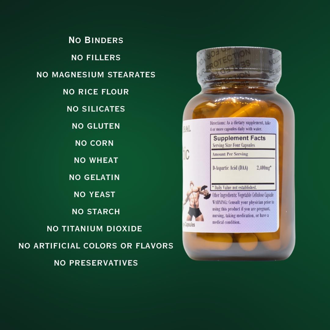Barlowe's Herbal Elixirs D-Aspartic Acid Supplement | DAA | 600 mg Per Capsule | 60 Veggie Capsules | Athletic Performance | Stearate Free | Glass Bottle - görsel 5