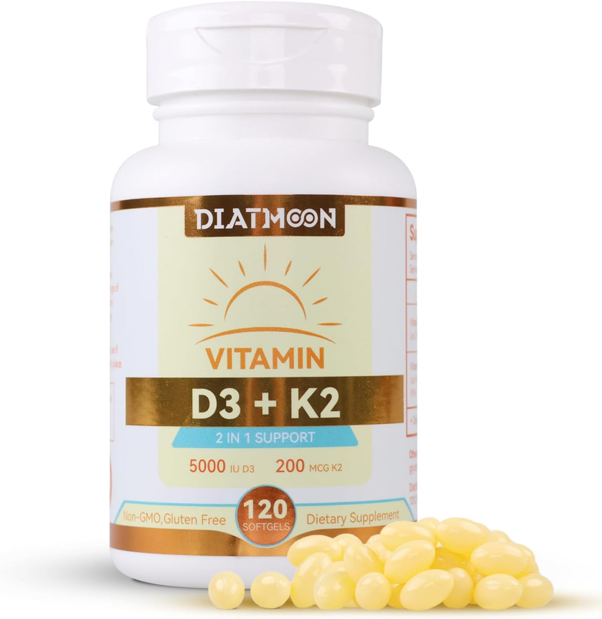 DIATMOON Vitamin D3 K2 Supplement Soft gel capsules – 5000 IU D3 & 200 mcg K2 MK-7, Bone and Teeth Support, 120 Count - görsel 1