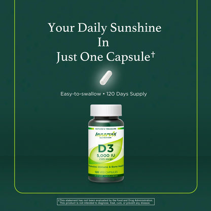 High Potency Vitamin D3 5000 IU – Immune Support & Bone Health, 120 Vegetarian Capsules