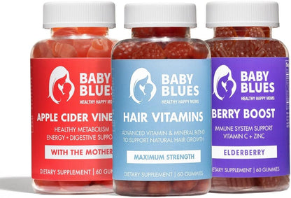 Baby Blues Postpartum Essentials Pack for New Mum, 3-Pack Postpartum Vitamin Kit with Hair Vitamins, Apple Cider Vinegar and Elderberry Gummies, for Hair, Energy and Immune Support, 180 Gummies