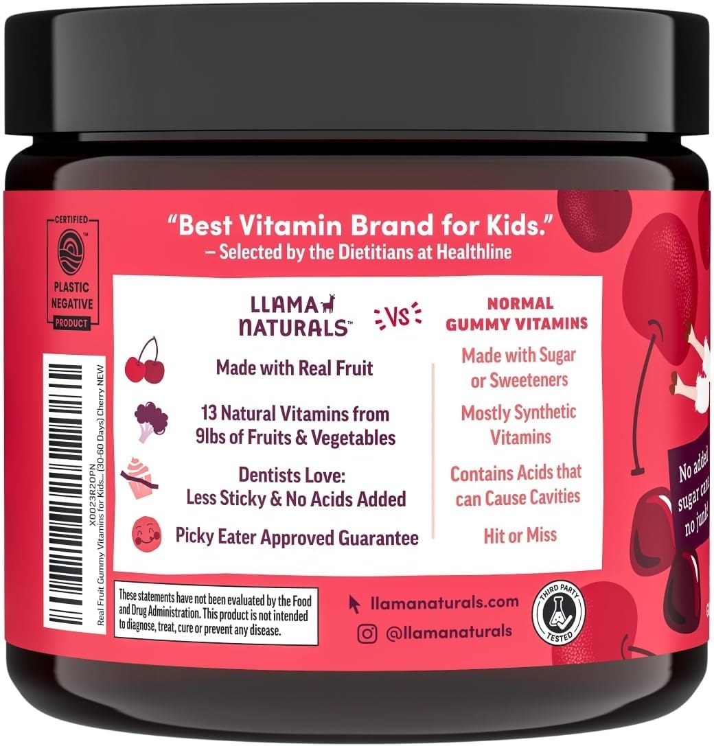 Llama Naturals Kids Multivitamin Gummies – Real Fruit, No Added Sugar – Organic Vegan Toddler Whole Food Vitamins – Cherry 90 Gummies - görsel 2