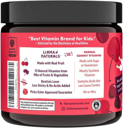 Llama Naturals Kids Multivitamin Gummies – Real Fruit, No Added Sugar – Organic Vegan Toddler Whole Food Vitamins – Cherry 90 Gummies