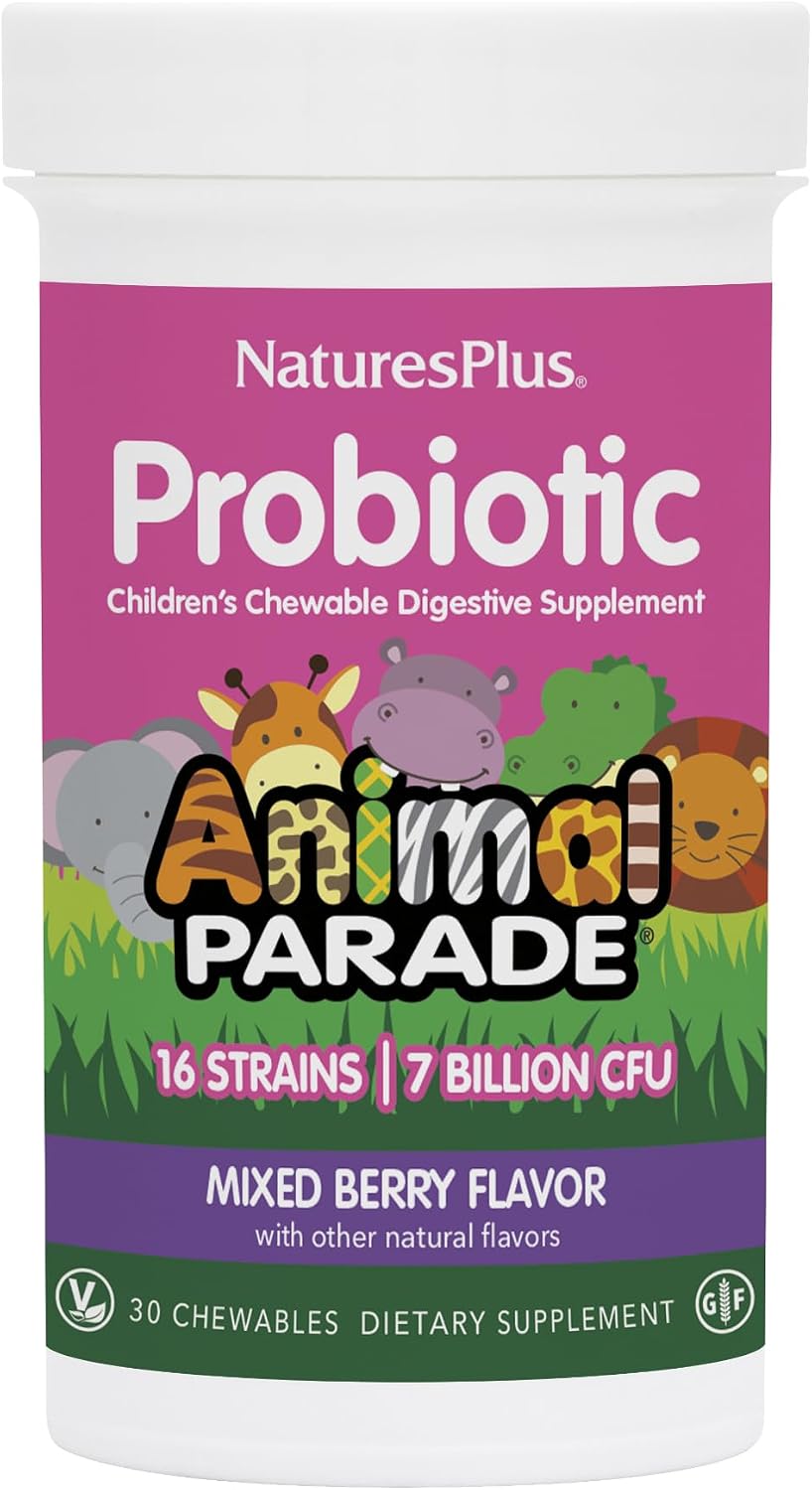 NaturesPlus Animal Parade Probiotic, Mixed Berry - 30 Chewables - Children's Gut Health Support - görsel 1