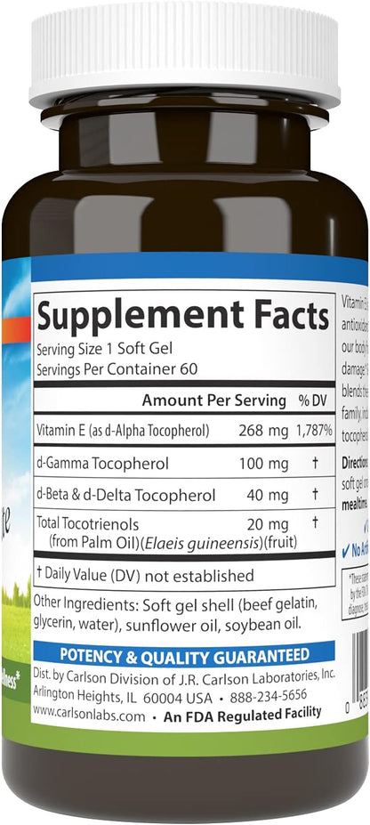 Carlson E-Gems Elite, 400 IU Vitamin E with Tocopherols and Tocotrienols, 60 Soft Gels