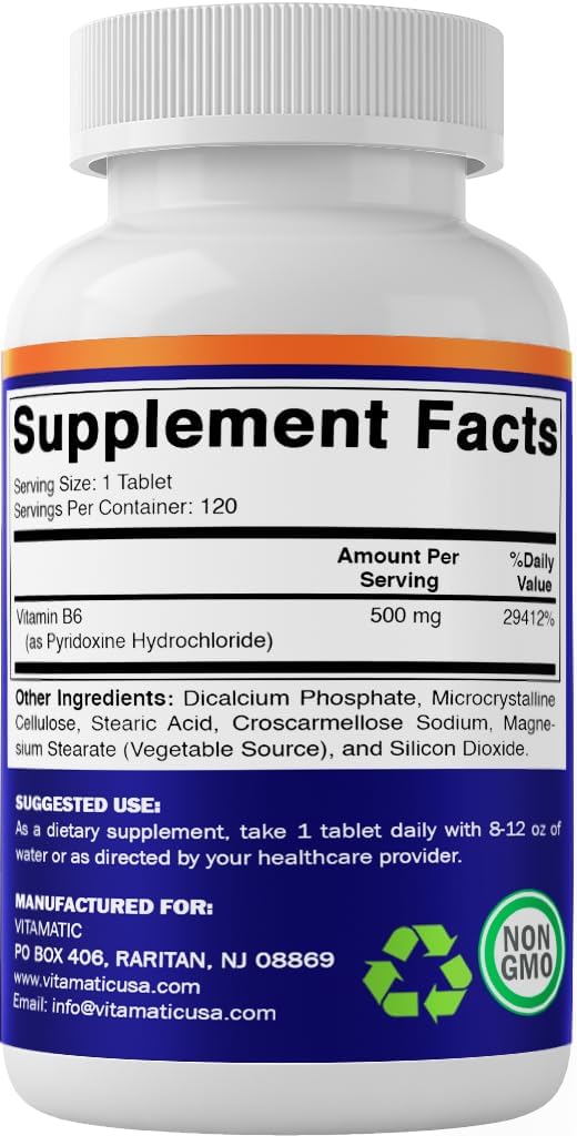 Vitamatic Vitamin B6 (Pyridoxine HCl) 500 mg – 120 Vegetarian Tablets - görsel 8