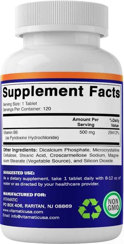 Vitamatic Vitamin B6 (Pyridoxine HCl) 500 mg – 120 Vegetarian Tablets