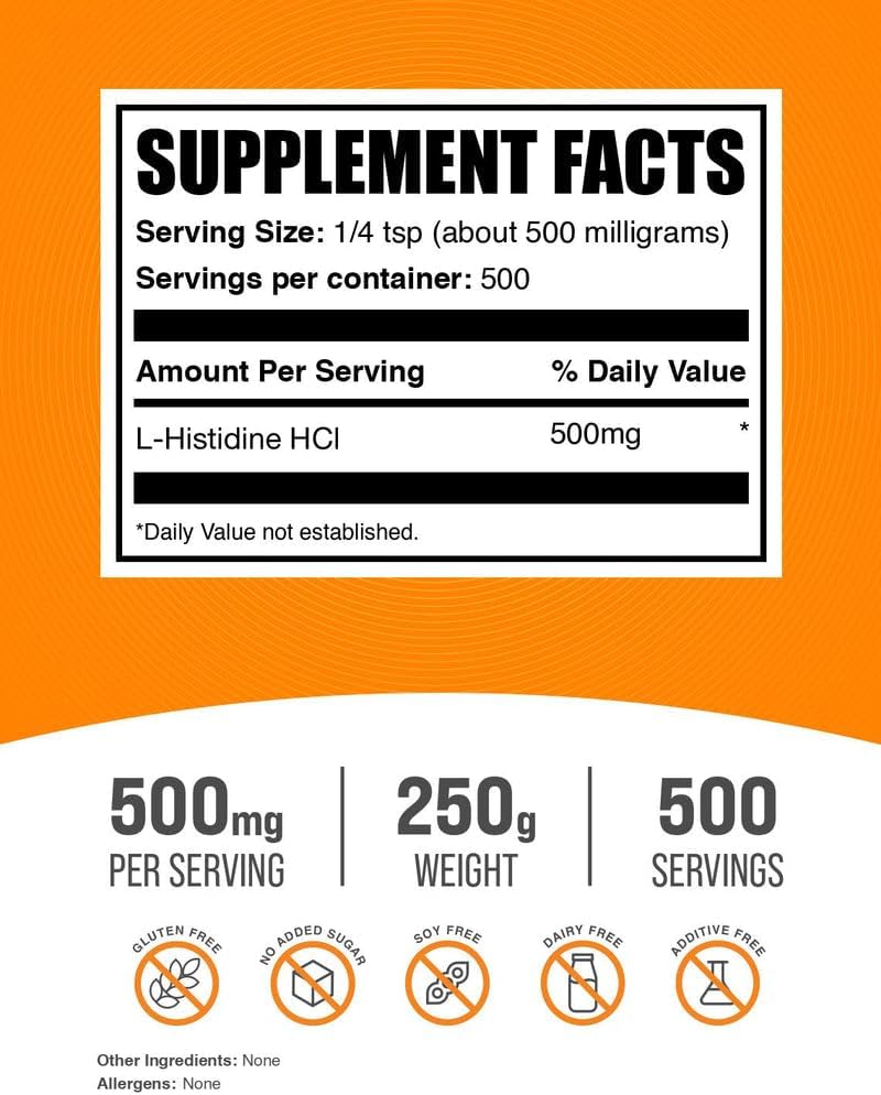 BulkSupplements.com L-Histidine HCl Powder – Essential Amino Acid, Gluten-free, 500mg per Serving, 250g - görsel 2