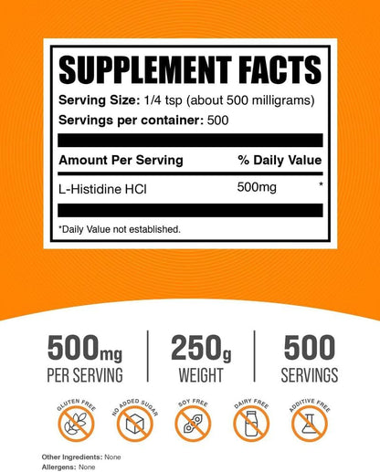 BulkSupplements.com L-Histidine HCl Powder – Essential Amino Acid, Gluten-free, 500mg per Serving, 250g