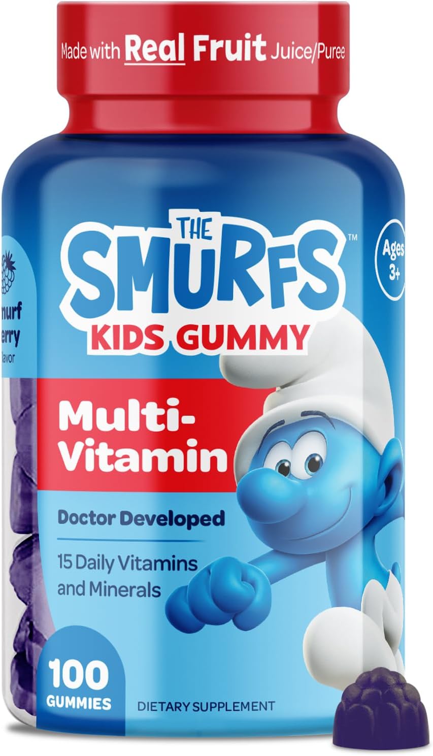 The Smurfs Children's Multivitamin Gummies with 15 Daily Vitamins and Minerals for Growth & Development | Made with Real Fruit in a Smurf Berry Flavour | Delicious, Doctor Developed & Non-GMO Formula | 100 Gummies - görsel 1