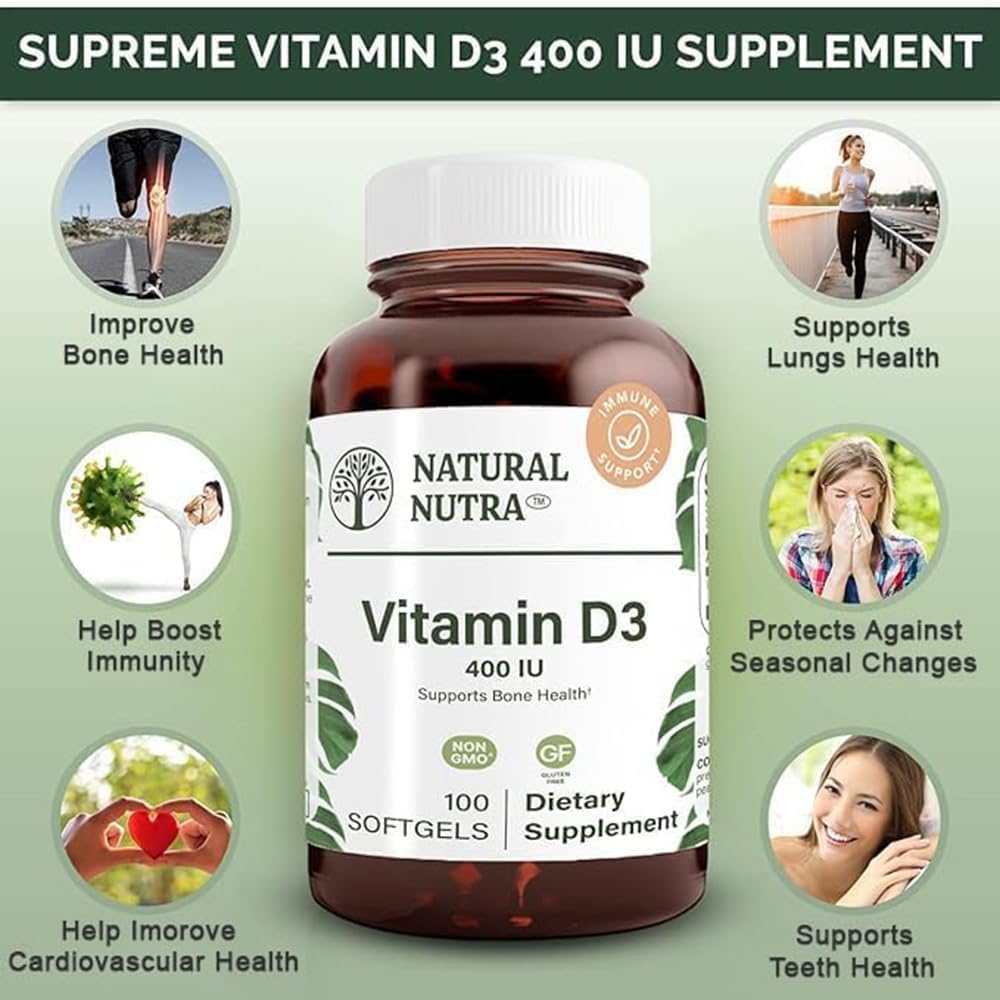 Natural Nutra 100 Vitamin D3 400 IU Softgels – Immune, Bone & Teeth Health Support - görsel 3