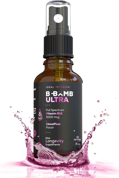 Ideal Infusion B-Bomb Triple B12 Liquid Spray - 5000 mcg Methylcobalamin, Adenosylcobalamin, Hydroxocobalamin - Nerve & Energy Support - Sugar Free, Keto Friendly (Organic CinnaPlum)