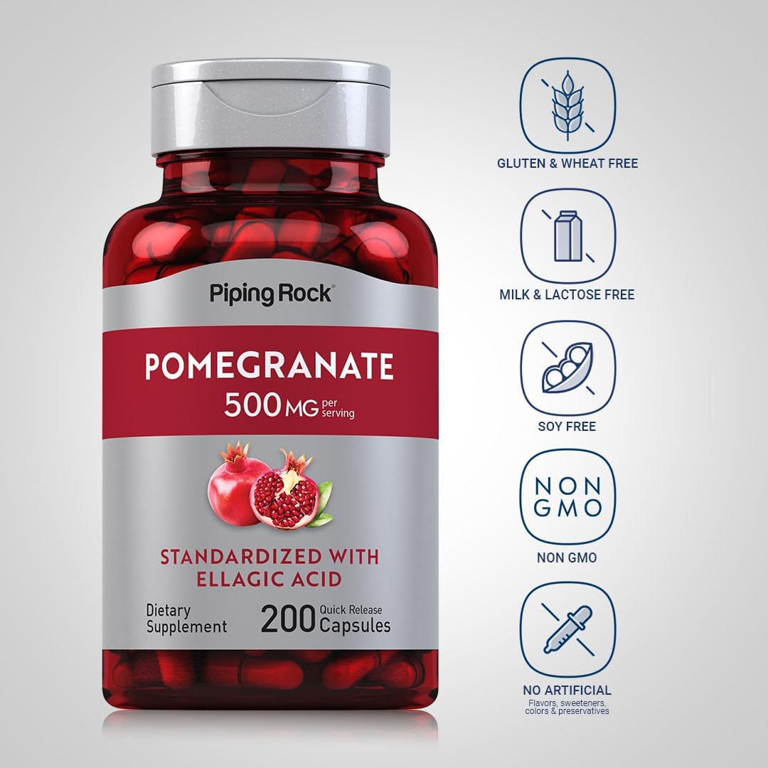 Piping Rock Pomegranate Extract Capsules | 500 mg | 200 Capsules | Standardised Formula with Ellagic Acid | Non-GMO and Gluten-free Food Supplement - görsel 3